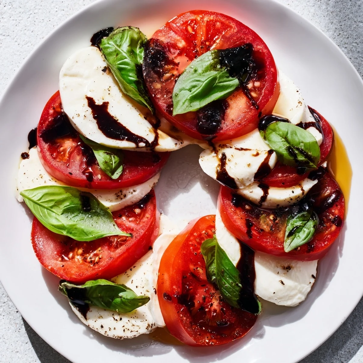 Heart-shaped Caprese salad with fresh mozzarella and ripe tomatoes layered on a platter, drizzled with balsamic glaze and garnished with fragrant basil leaves for a romantic appetizer.