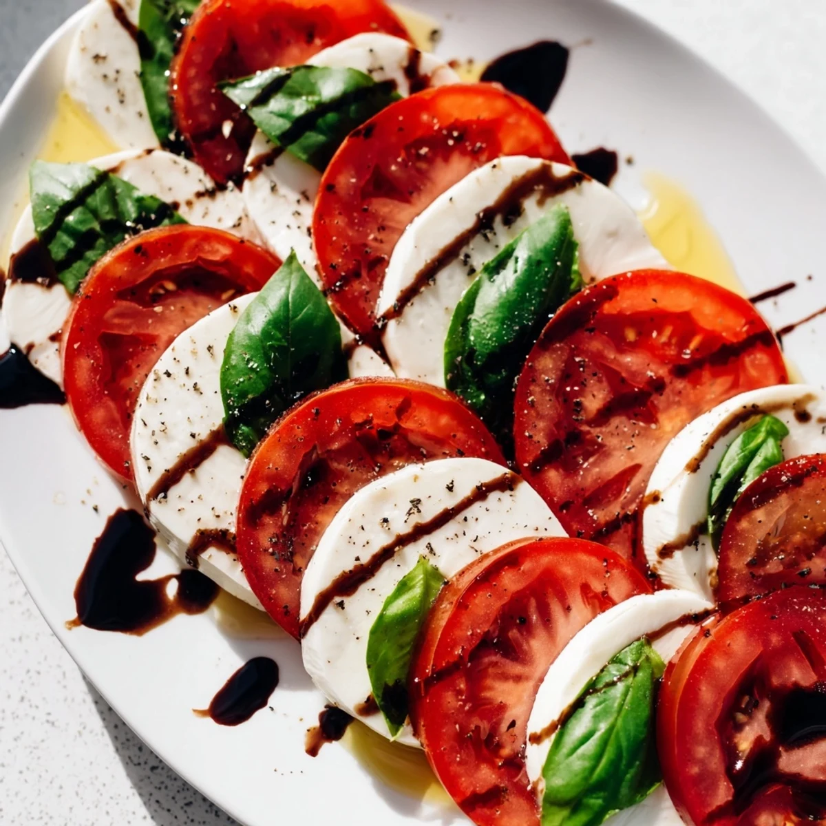 Freshly prepared Heart Caprese Salad featuring cut mozzarella and tomato hearts, olive oil, and balsamic reduction, served as a vibrant vegetarian starter for a romantic Italian dinner.