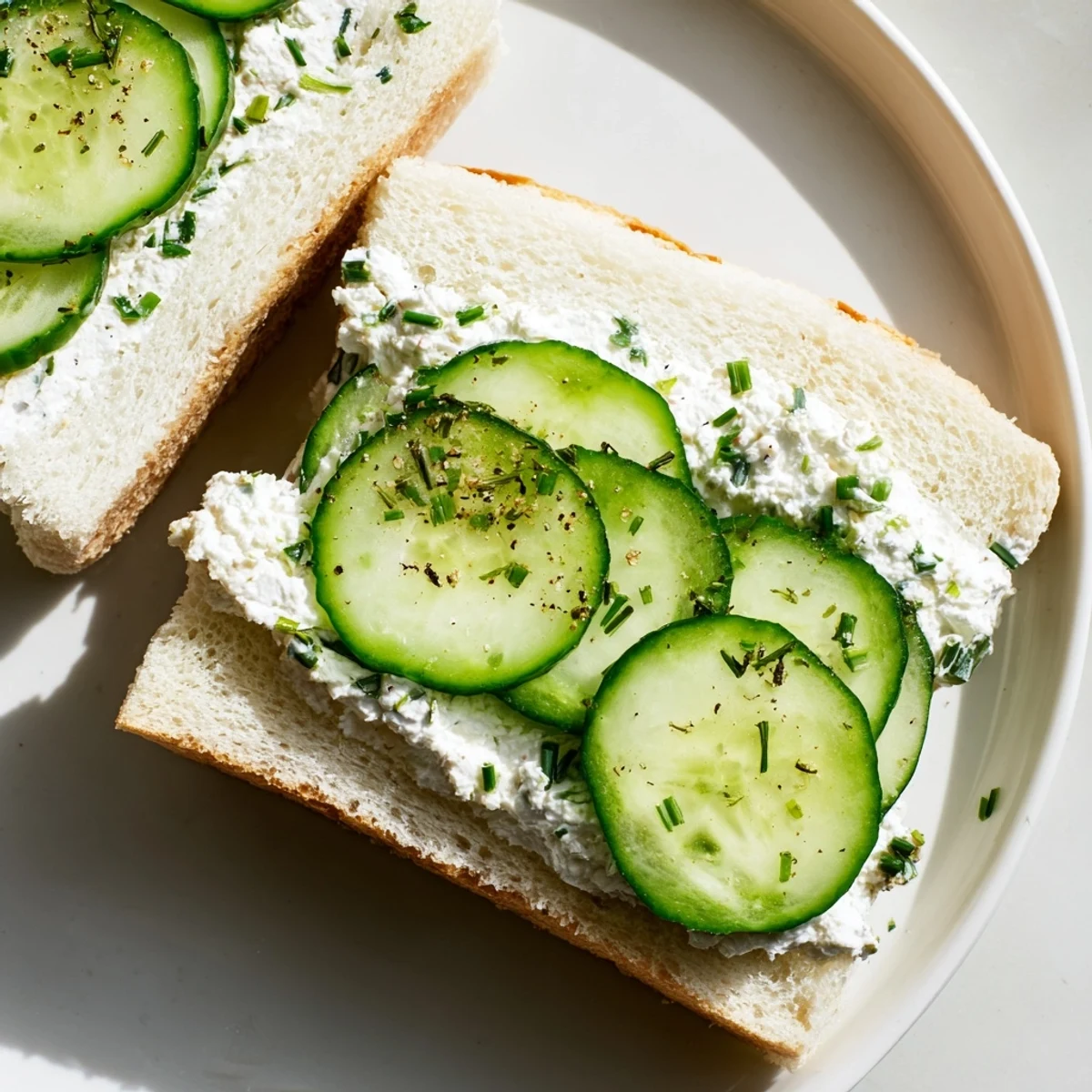 Freshly made cucumber sandwiches with herb cream cheese on soft, crustless white bread, garnished with dill.