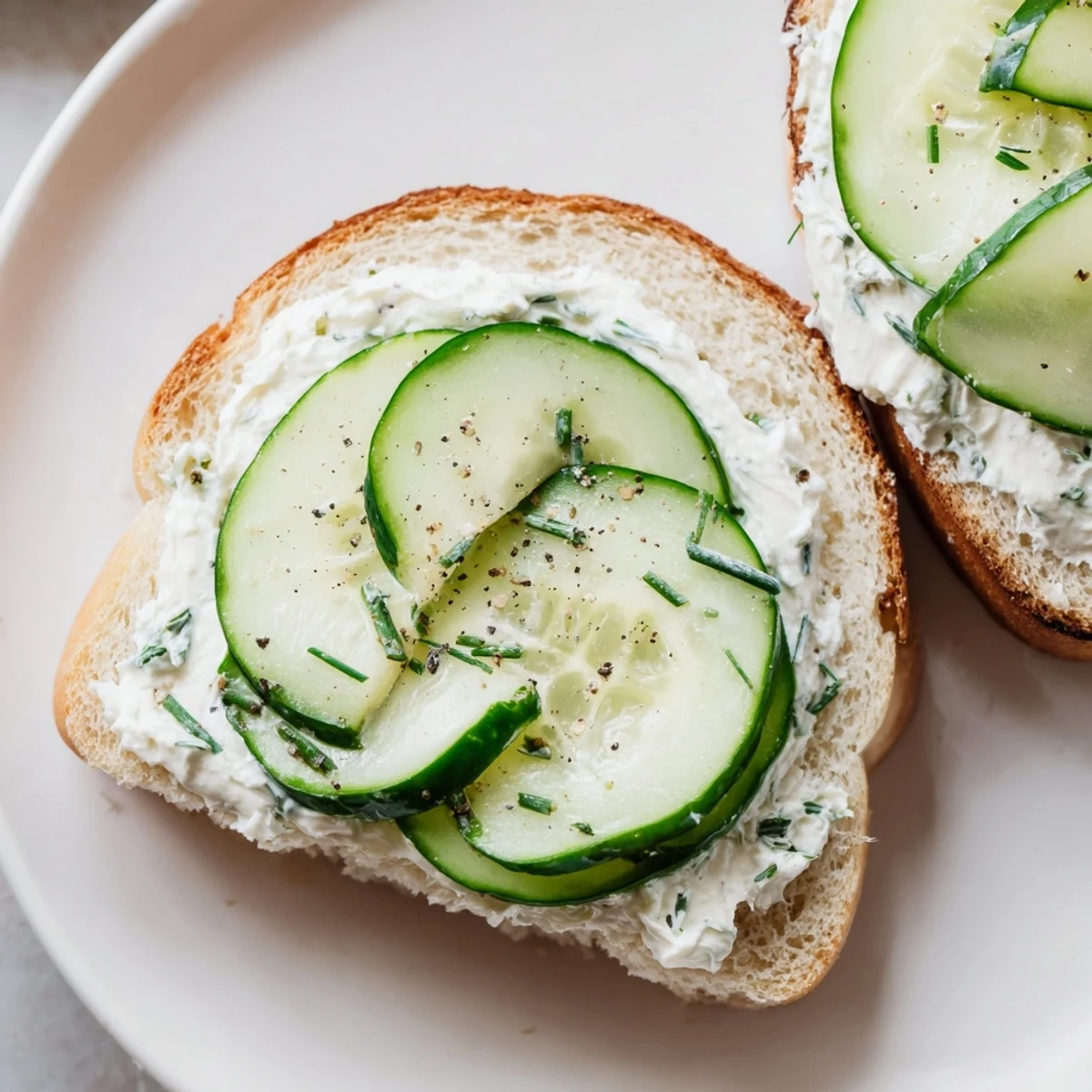 Delicate tea-time cucumber sandwiches with herb cream cheese spread and crisp slices on buttered whole wheat bread.