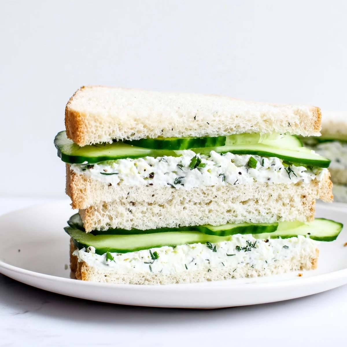 Cucumber sandwiches with herb cream cheese and dill, neatly quartered on a serving plate for afternoon tea.