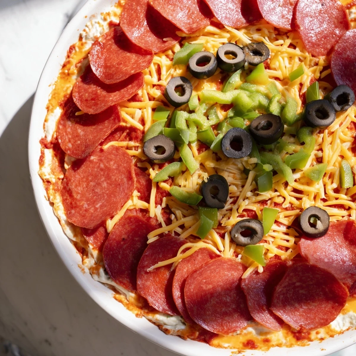 Pepperoni Pizza Dip topped with savory beef pepperoni, melted mozzarella, and fresh green bell peppers in a skillet.  