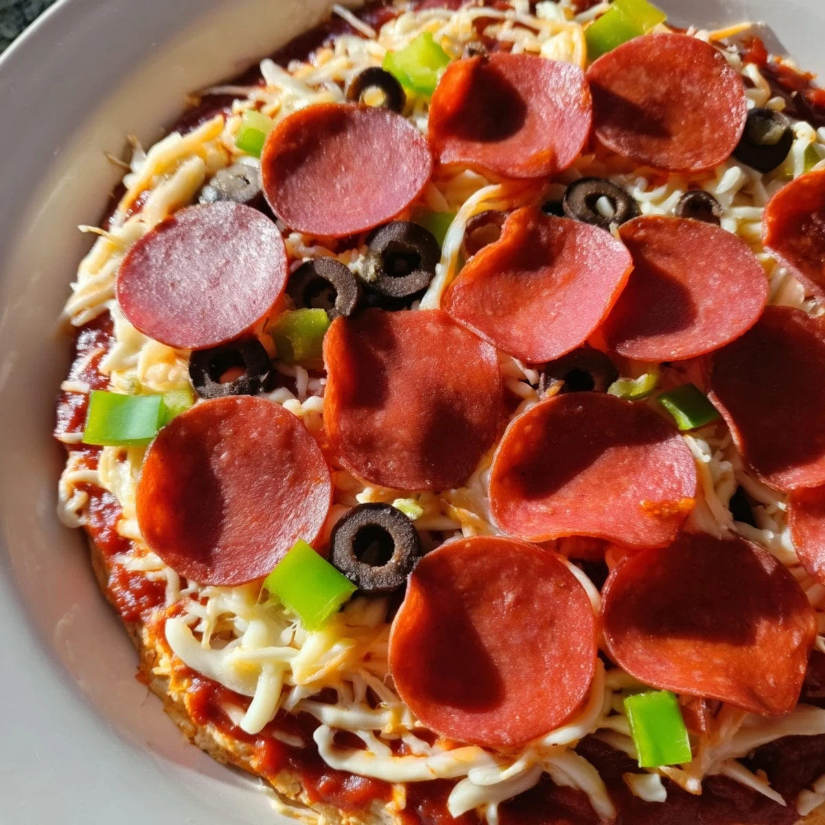 Sizzling Pepperoni Pizza Dip with beef pepperoni and olives, perfect for game day parties with crusty bread slices.