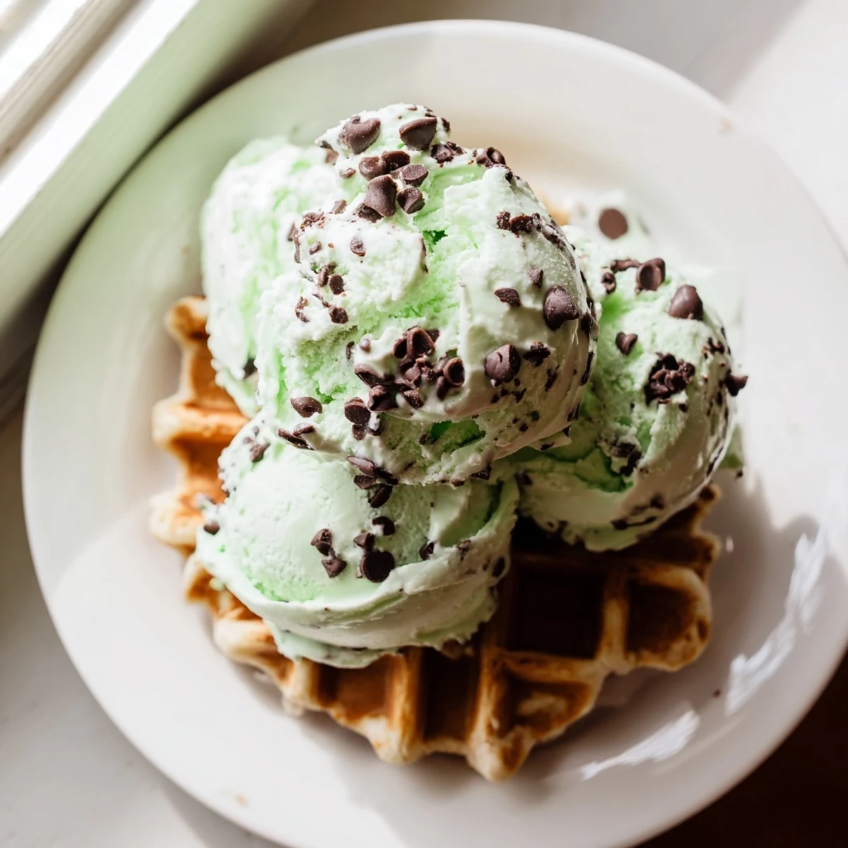 Freshly churned mint chocolate chip ice cream melts over a warm, golden waffle, with chocolate shards glistening and a sprig of mint for garnish.  