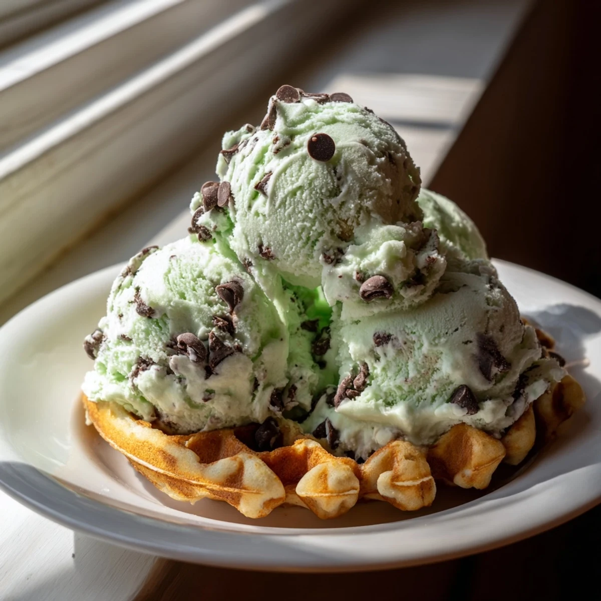 A scoop of mint chocolate chip ice cream rests on a crisp, golden waffle, showing creamy green swirls and dark chocolate pieces in a rustic kitchen setting.  