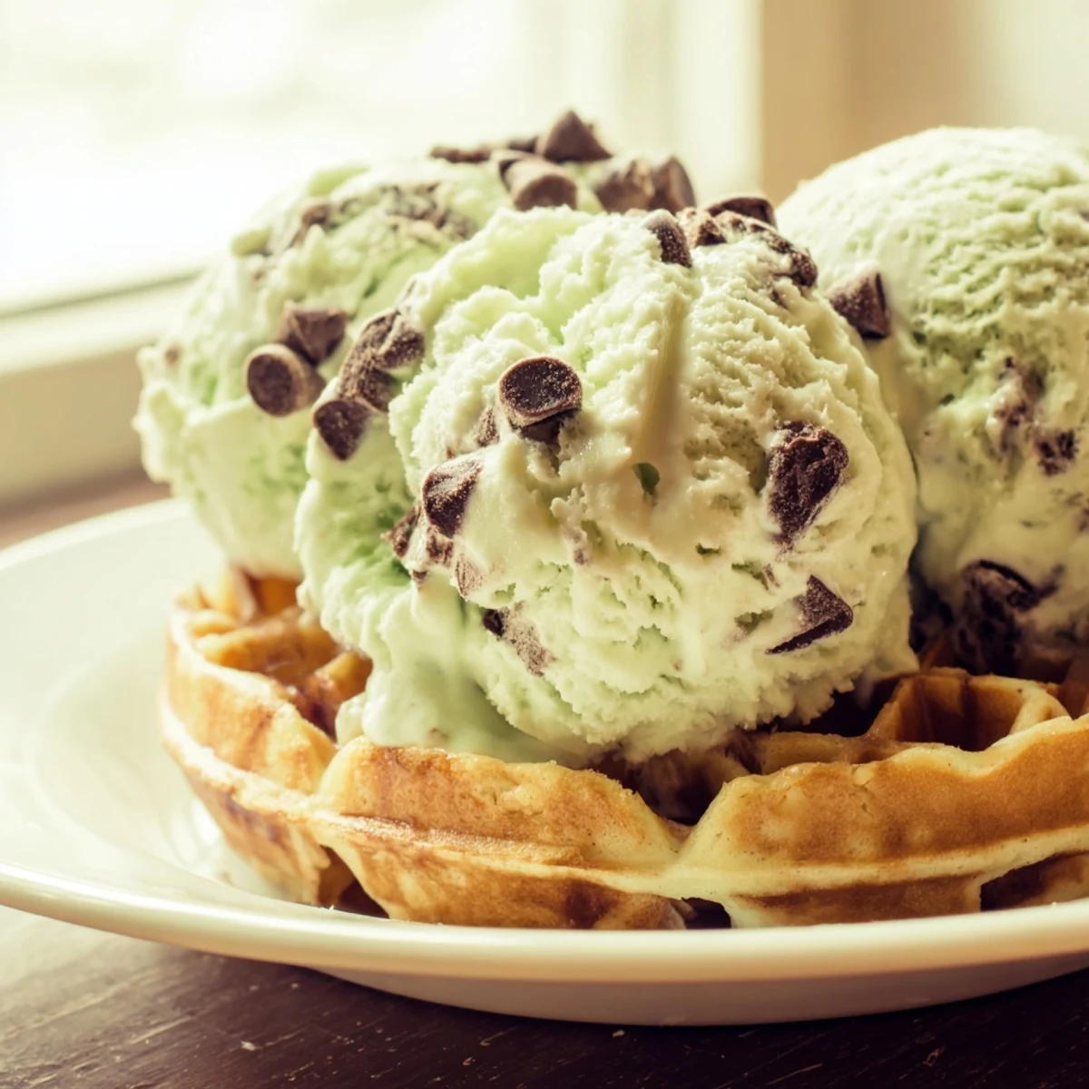 Homemade mint chocolate chip ice cream piled high on a warm waffle, topped with extra chocolate chips and fresh mint for a cool, crunchy dessert.