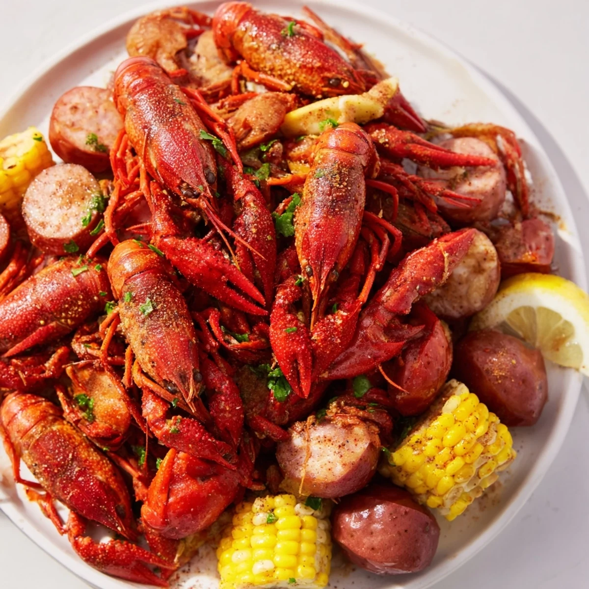 Louisiana Style Crawfish Boil with potatoes and corn served on newspaper, garnished with lemon wedges.