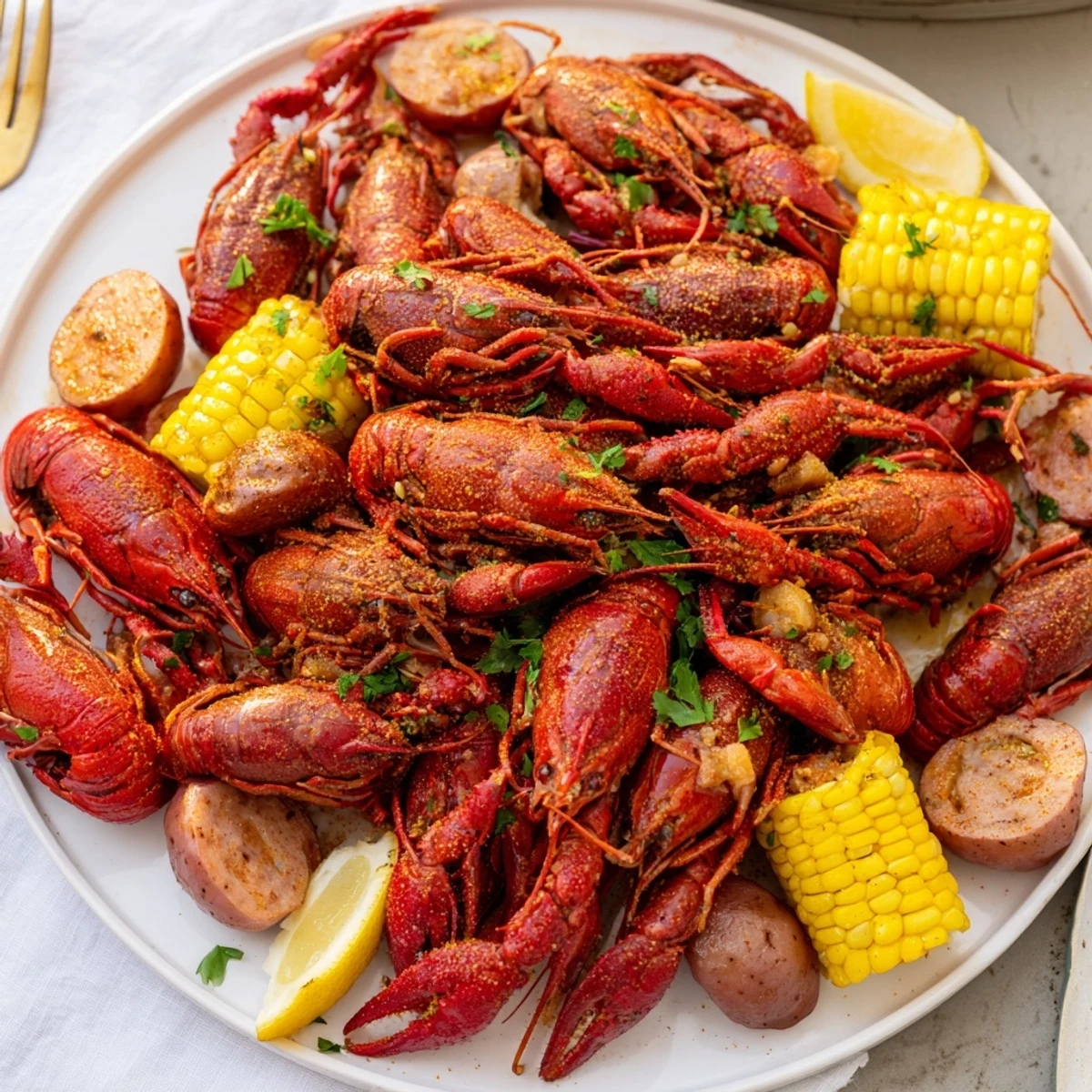 Freshly boiled Louisiana Style Crawfish Boil with bright red crawfish, corn, potatoes, and smoked sausage.