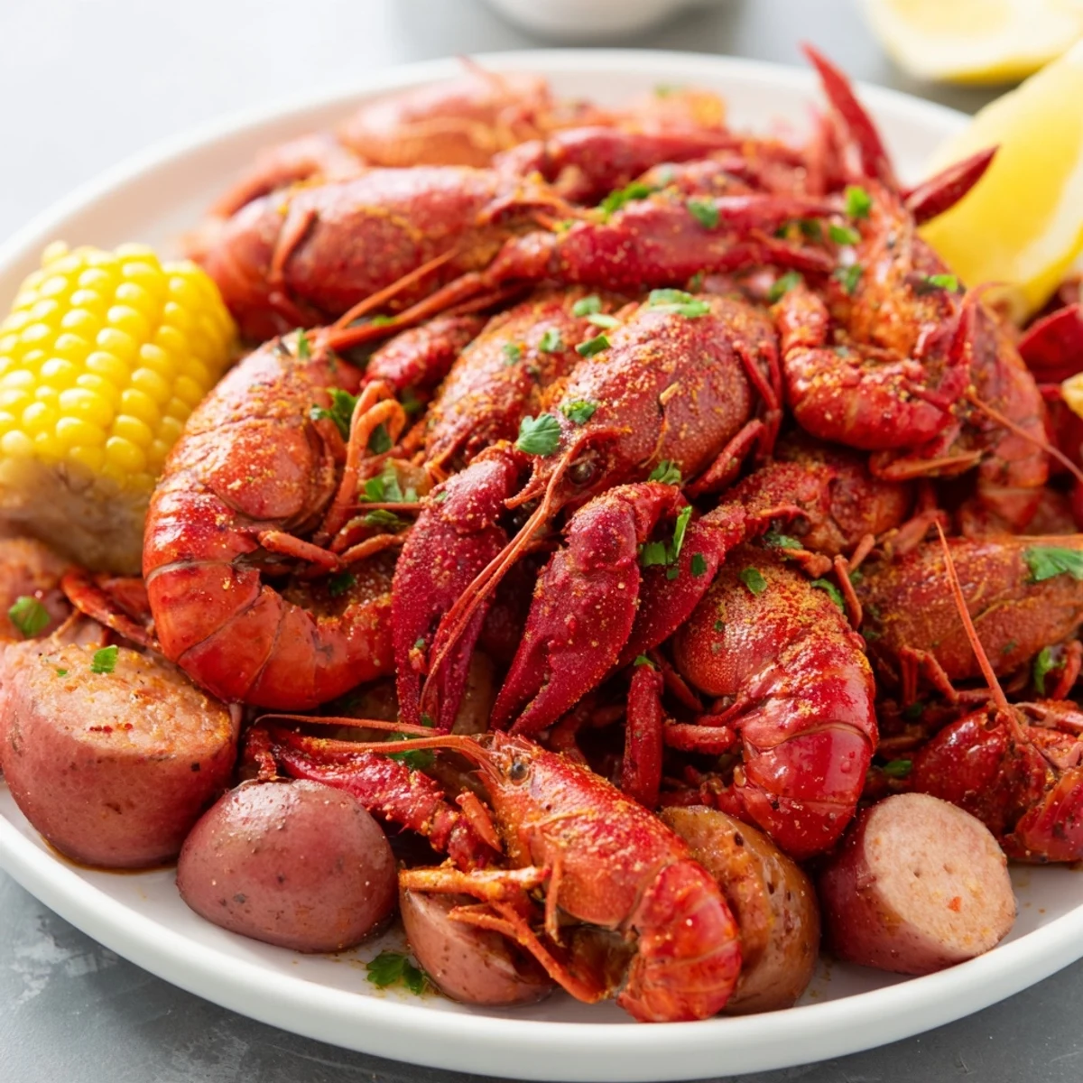 Spicy Louisiana Style Crawfish Boil with potatoes, sausage, and lemon wedges on a rustic table.