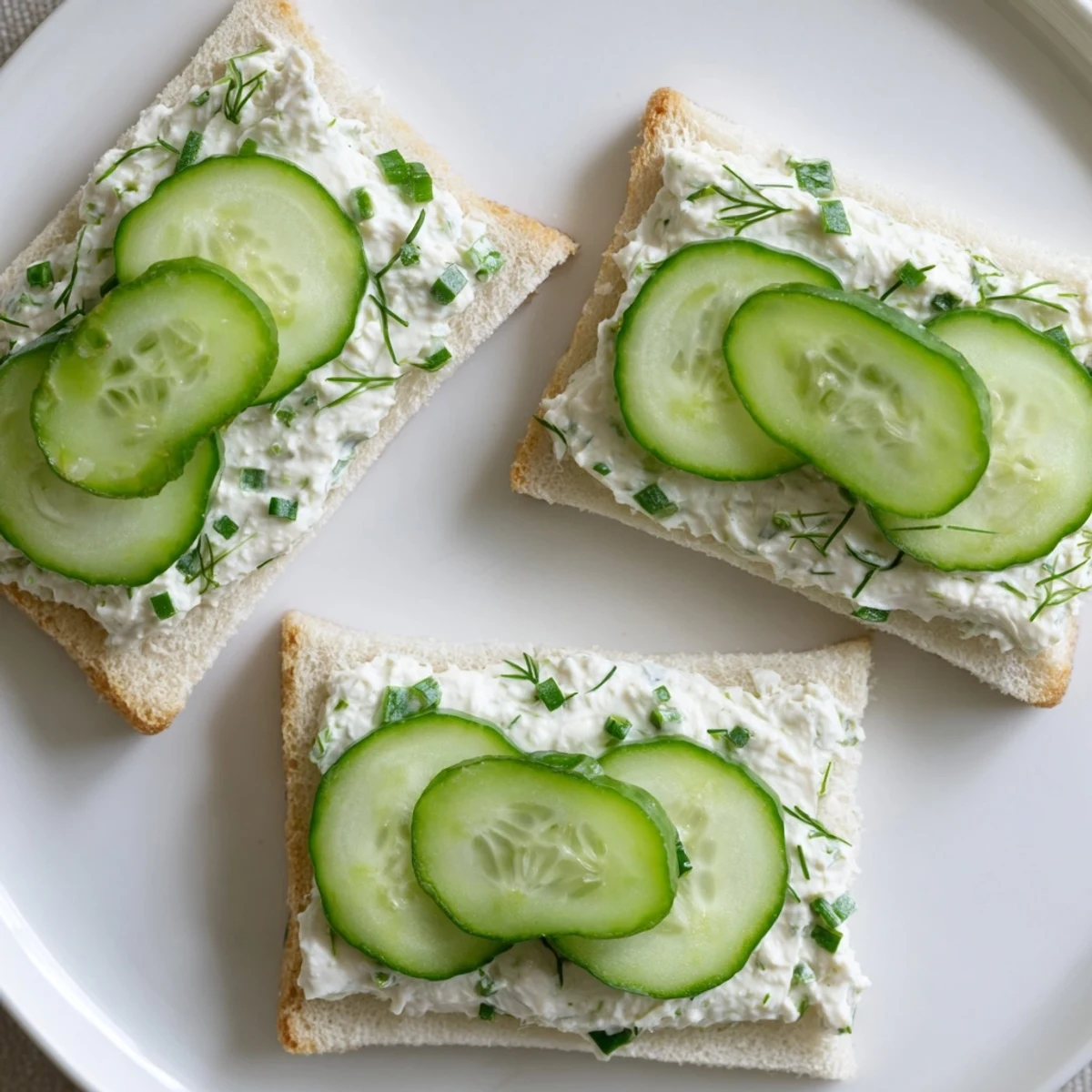 A platter of Cucumber Sandwiches with Herb Cream Cheese, cut into triangles and stacked on a white ceramic plate, perfect for afternoon tea parties.