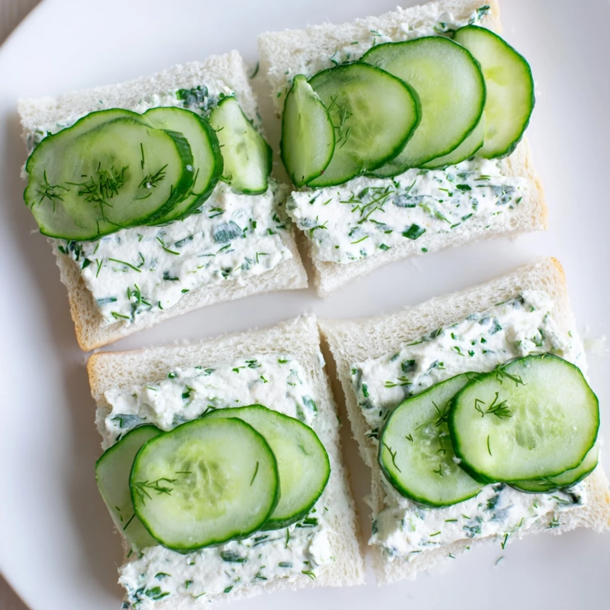 A close-up photo of Cucumber Sandwiches with Herb Cream Cheese, showing layered crustless white bread with thinly sliced English cucumbers and speckled green cream cheese spread.