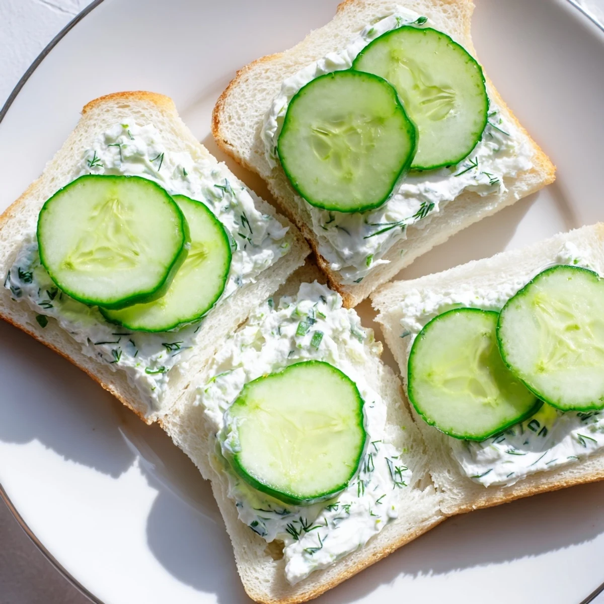 Overhead view of Cucumber Sandwiches with Herb Cream Cheese, arranged neatly on a wooden board with fresh dill and chive garnishes.