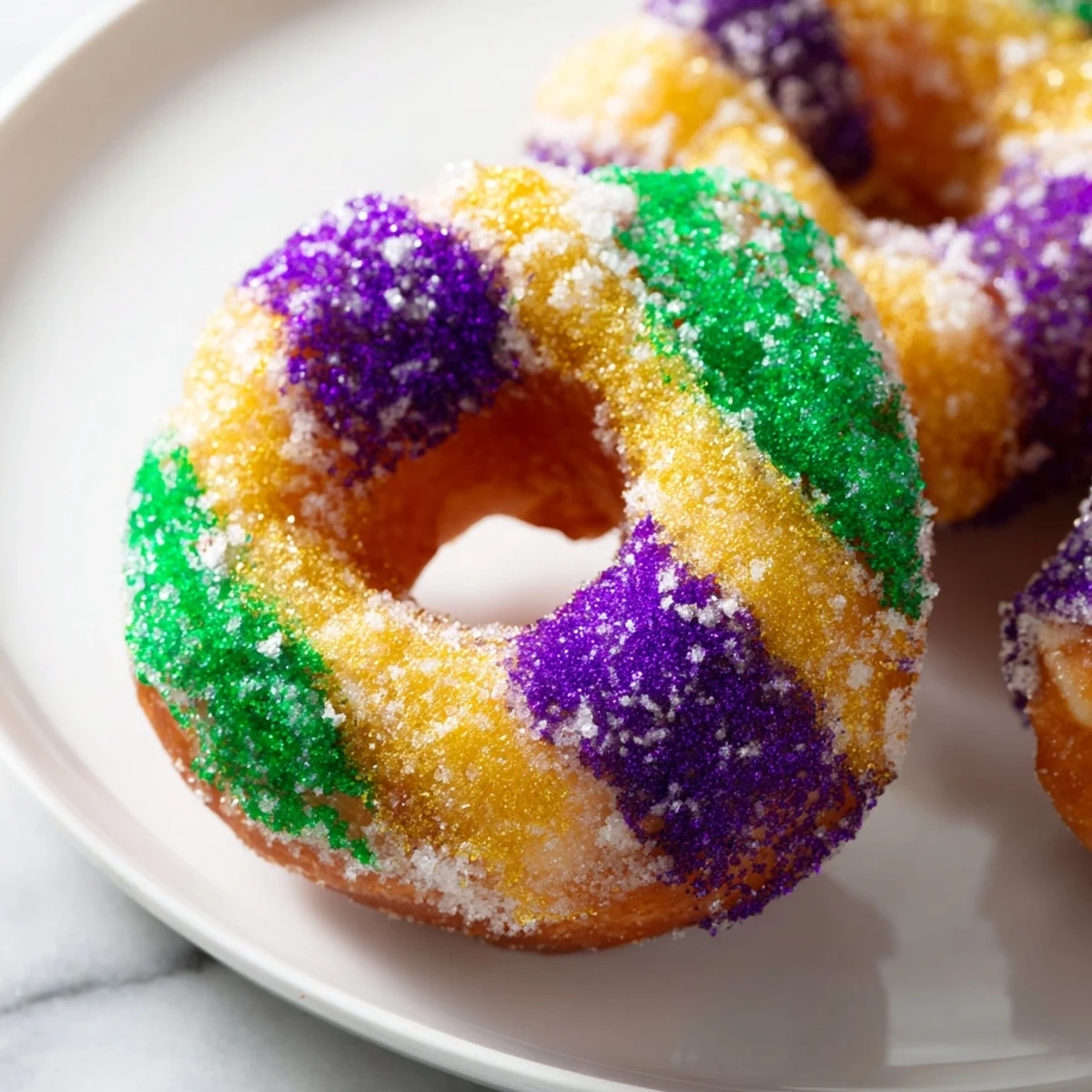 Fluffy Mardi Gras donuts with vibrant purple, green, and gold colored sugar, ready for a festive New Orleans celebration.