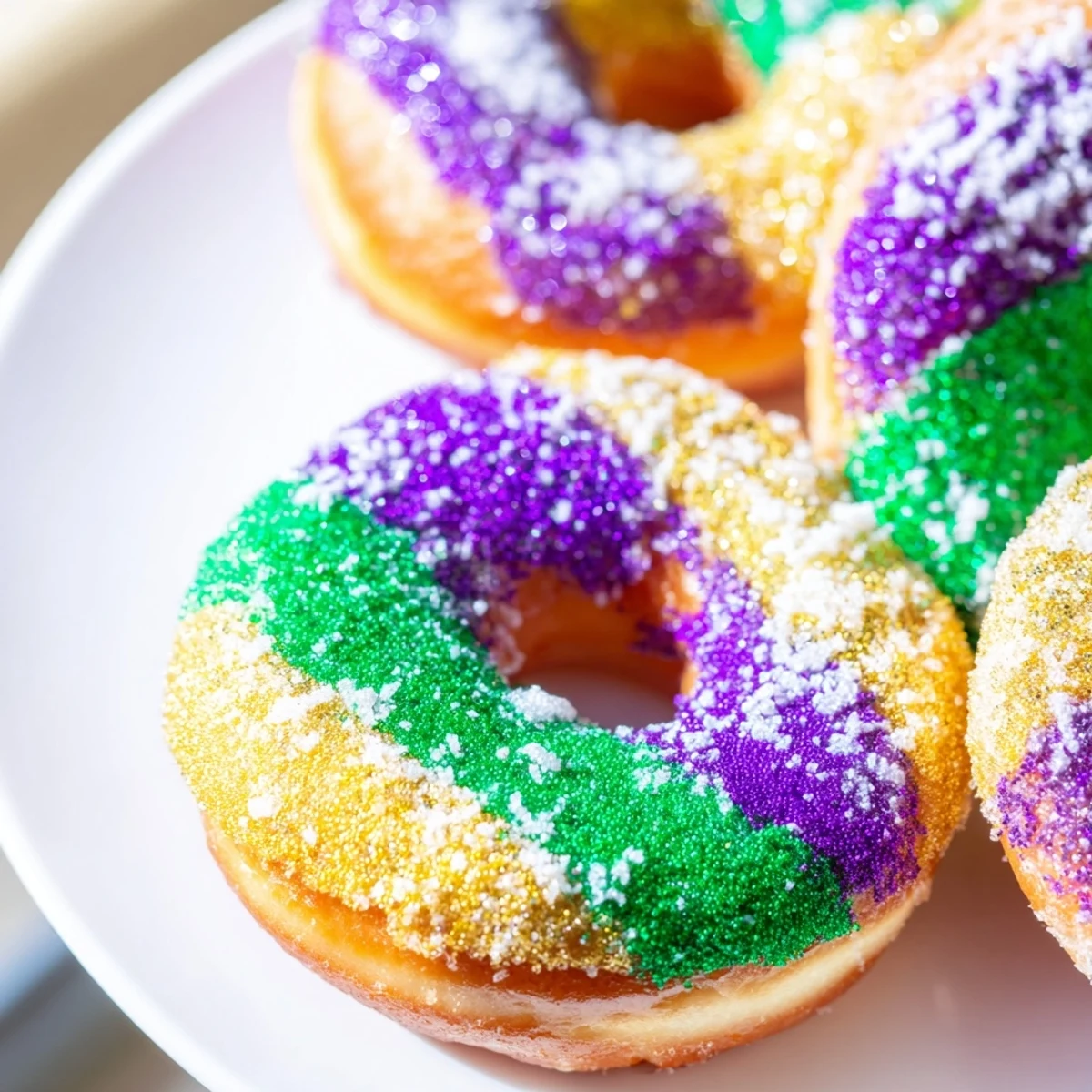 Freshly fried Mardi Gras donuts lightly coated in sparkling colored sugar, perfect with hot chicory coffee or beignets.