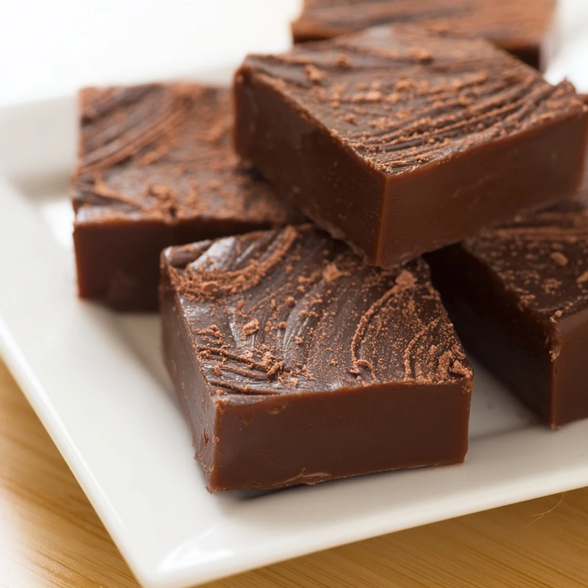 Glossy Irish Cream Fudge squares stacked high, showcasing a rich chocolate texture perfect for holiday dessert trays.