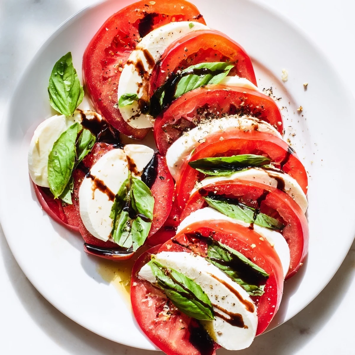 Fresh Heart Caprese Salad with juicy tomato and mozzarella hearts, drizzled with sweet balsamic glaze on a rustic platter.  