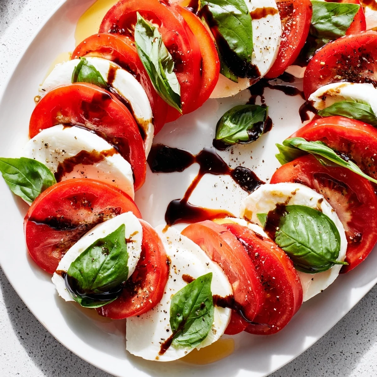 Vibrant Heart Caprese Salad featuring ripe tomato and mozzarella hearts, finished with balsamic glaze and fresh basil.