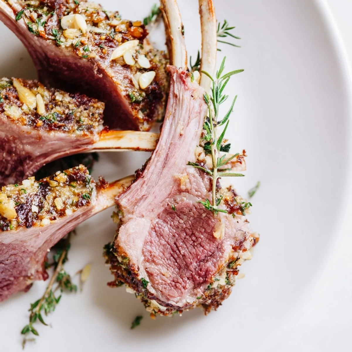 Close-up of herb-crusted roasted rack of lamb served with fresh rosemary and a drizzle of pan juices on a rustic plate.