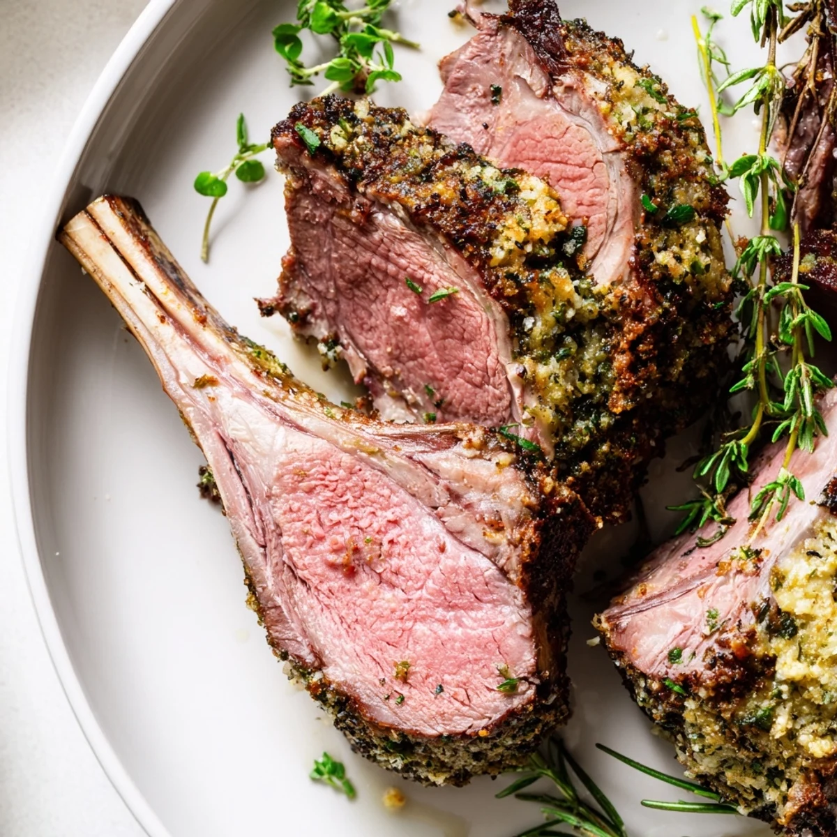Elegant roasted rack of lamb with garlic and herbs, plated for a dinner party, perfectly medium-rare and garnished beautifully.