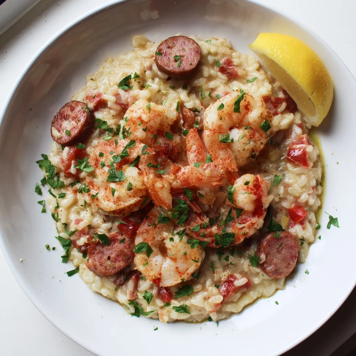 Creamy Creole Jambalaya Risotto with plump shrimp and andouille sausage steaming on a white plate.
