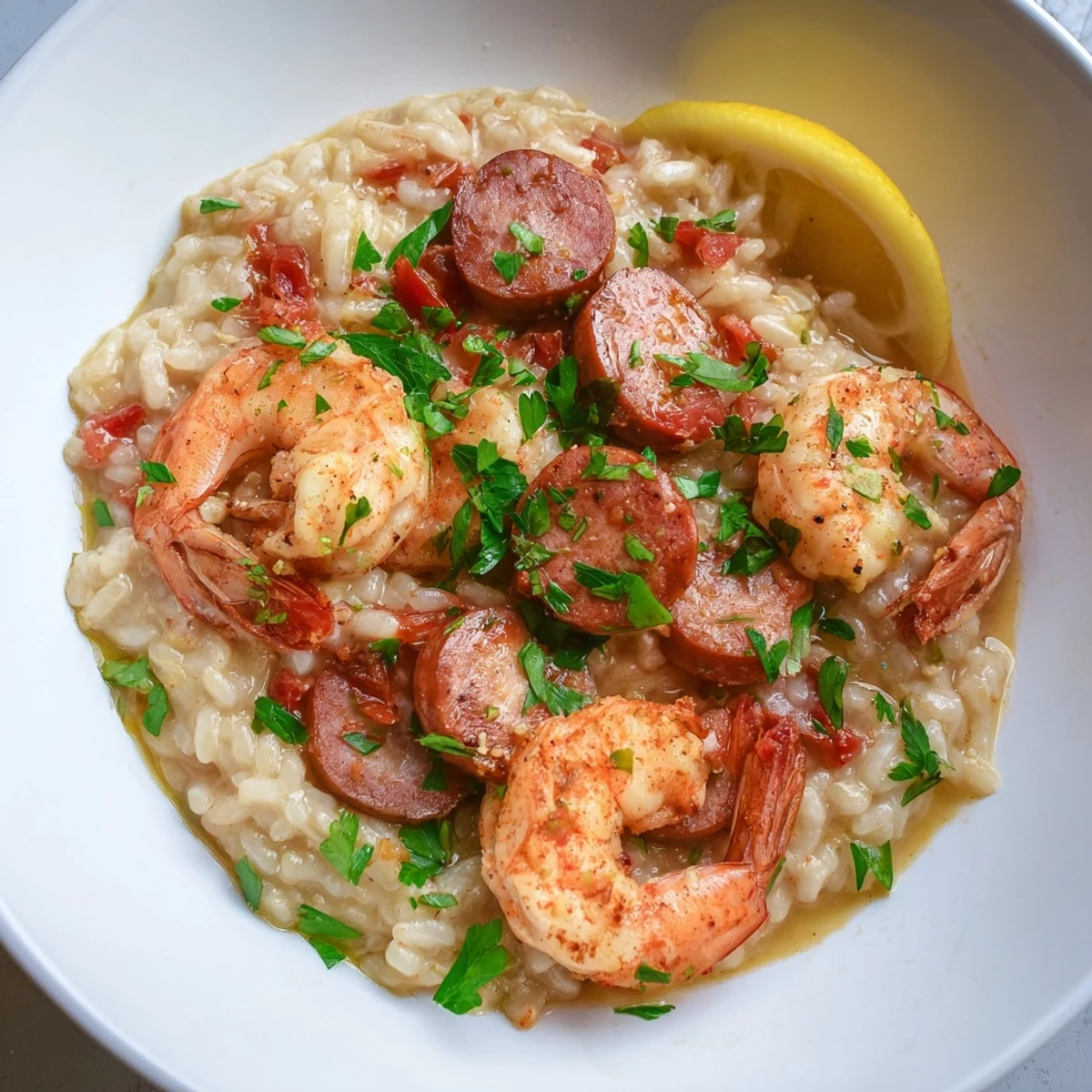 Spoon lifting a serving of Creole Jambalaya Risotto revealing rich, creamy texture with shrimp and sausage.