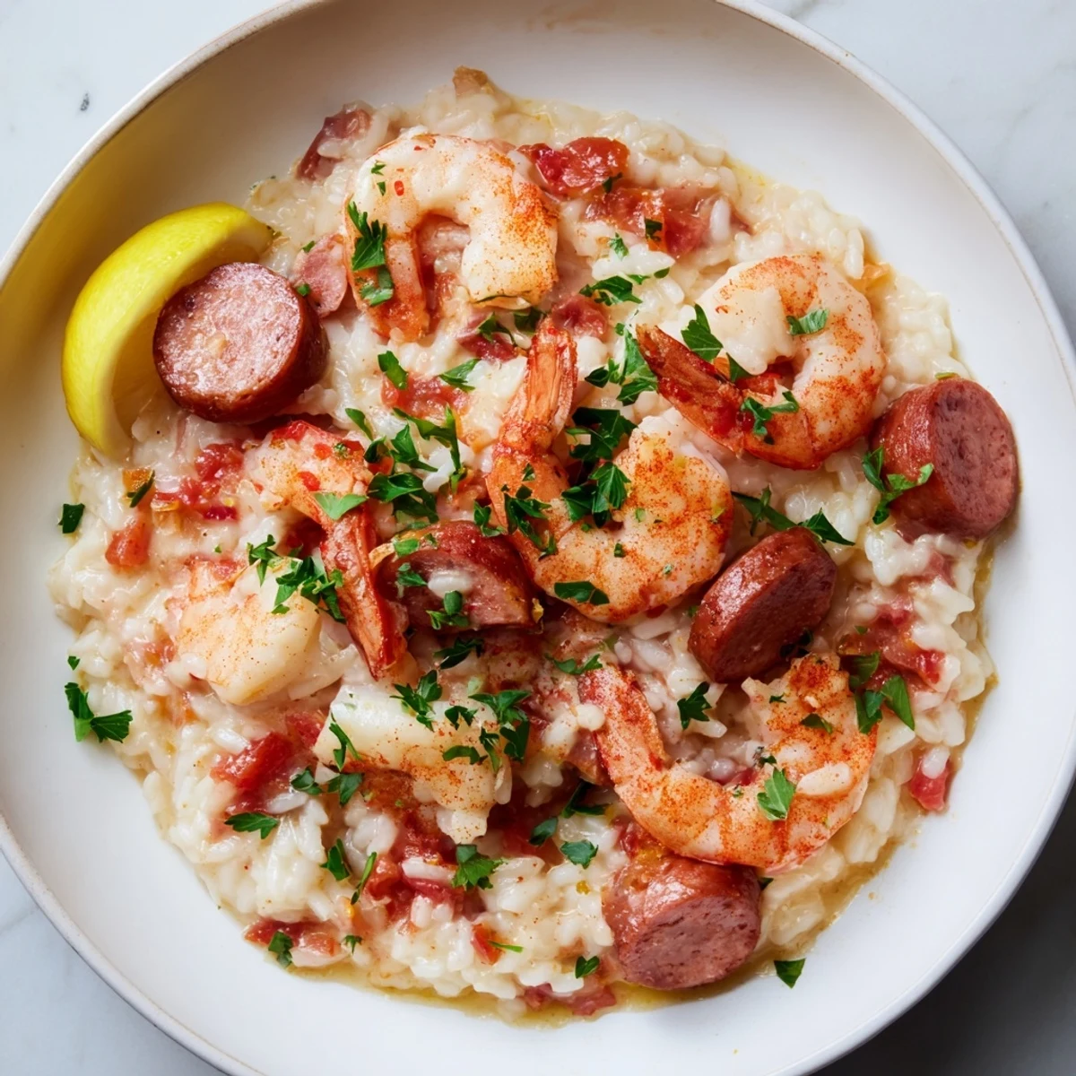 Close-up of Creole Jambalaya Risotto topped with fresh parsley and lemon wedges for serving.
