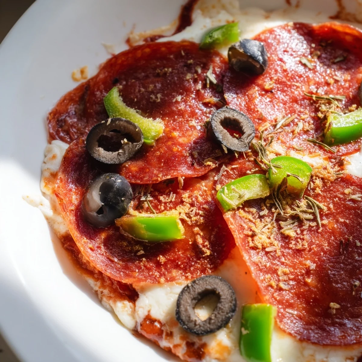 A top-down view of Pepperoni Pizza Dip in a baking dish, bubbling with melted mozzarella and Parmesan and topped with sliced beef pepperoni.