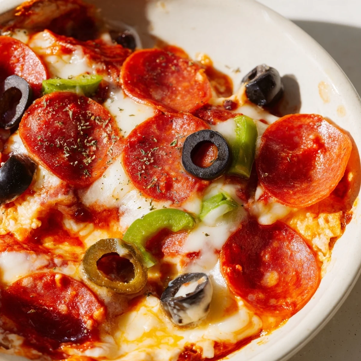 A close-up of Pepperoni Pizza Dip shows golden, bubbly cheese with scattered pepperoni slices and fresh basil garnish on a wooden table.