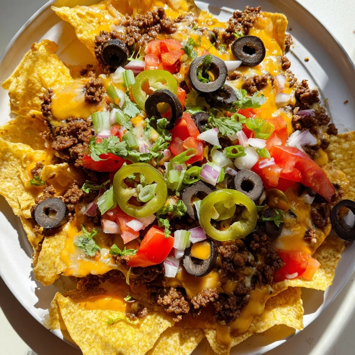 Freshly baked Nacho Platter with Ground Beef and Cheese, topped with tomatoes, jalapeños, and sour cream on a rustic platter.