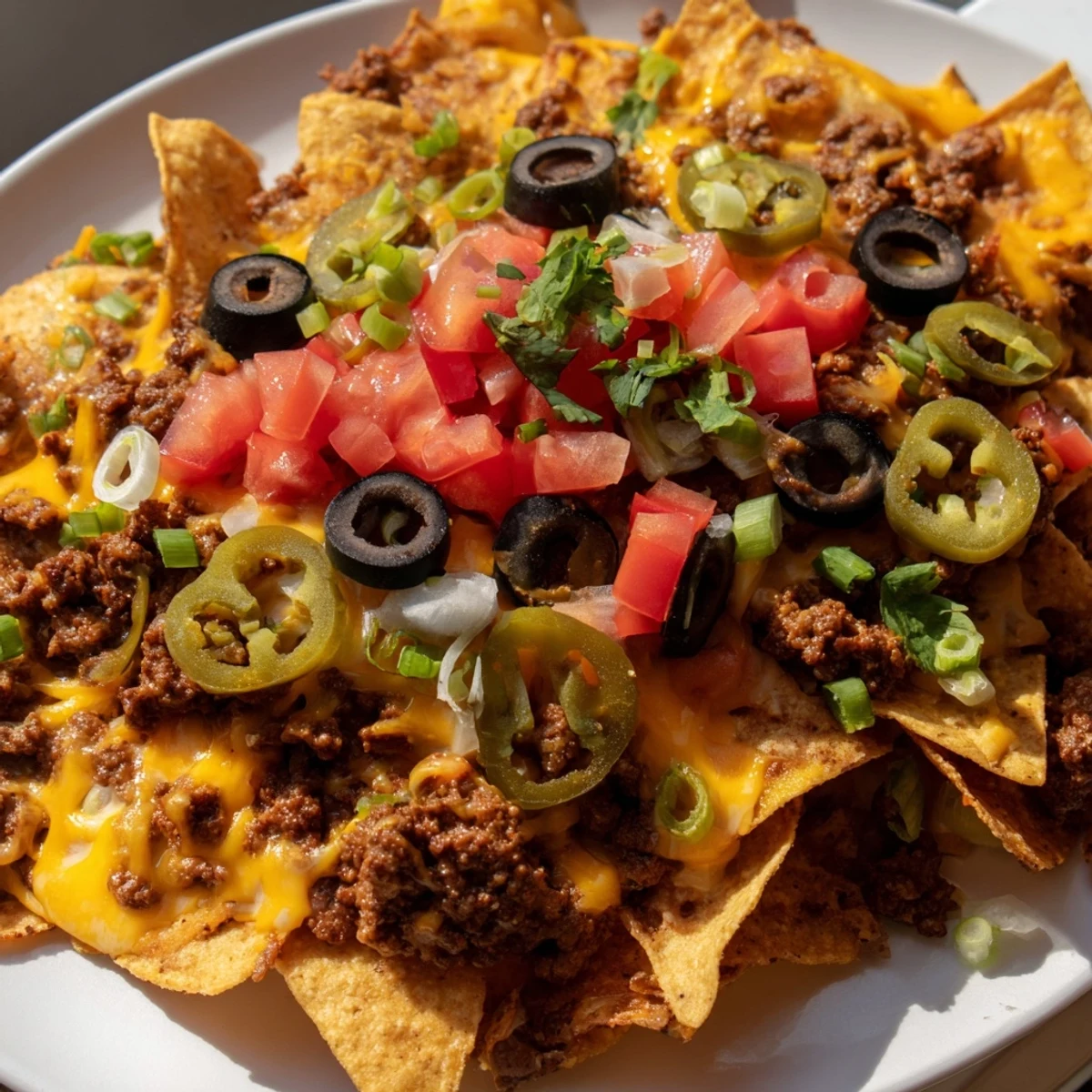 Crispy tortilla chips layered with seasoned ground beef and melty cheddar on a crowded game day Nacho Platter with Ground Beef and Cheese.