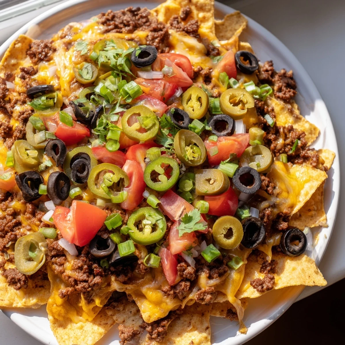 Enjoy a close-up of Nacho Platter with Ground Beef and Cheese, featuring guacamole, olives, and cilantro for a festive party spread.