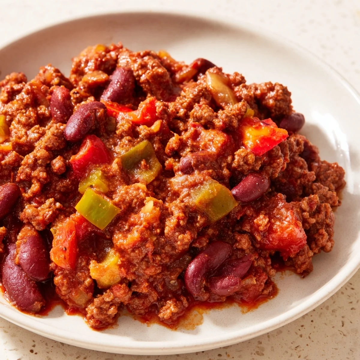 A hearty bowl of spicy beef chili with kidney beans, topped with fresh cilantro and shredded cheese.