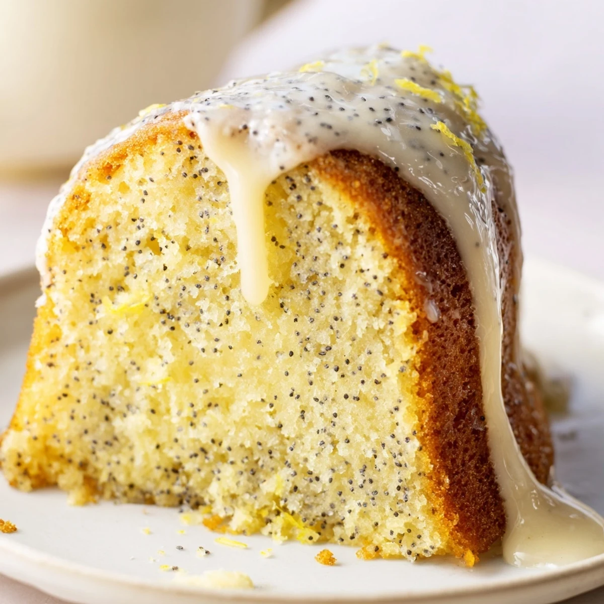 A close-up of the glazed Lemon Poppy Seed Bundt Cake highlights the elegant Bundt shape, with bright lemon zest and poppy seeds speckling the surface.