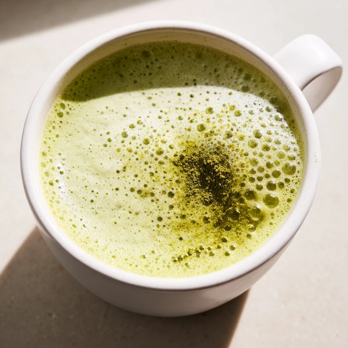 Steaming mug of homemade green matcha latte with almond milk, garnished with a light dusting of matcha powder.  