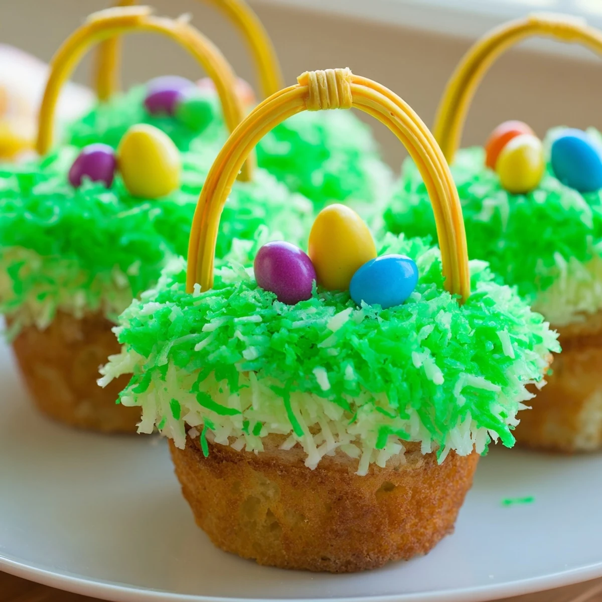 A close-up of Easter Basket Cupcakes with green coconut grass and colorful candy eggs nestled in the frosting.
