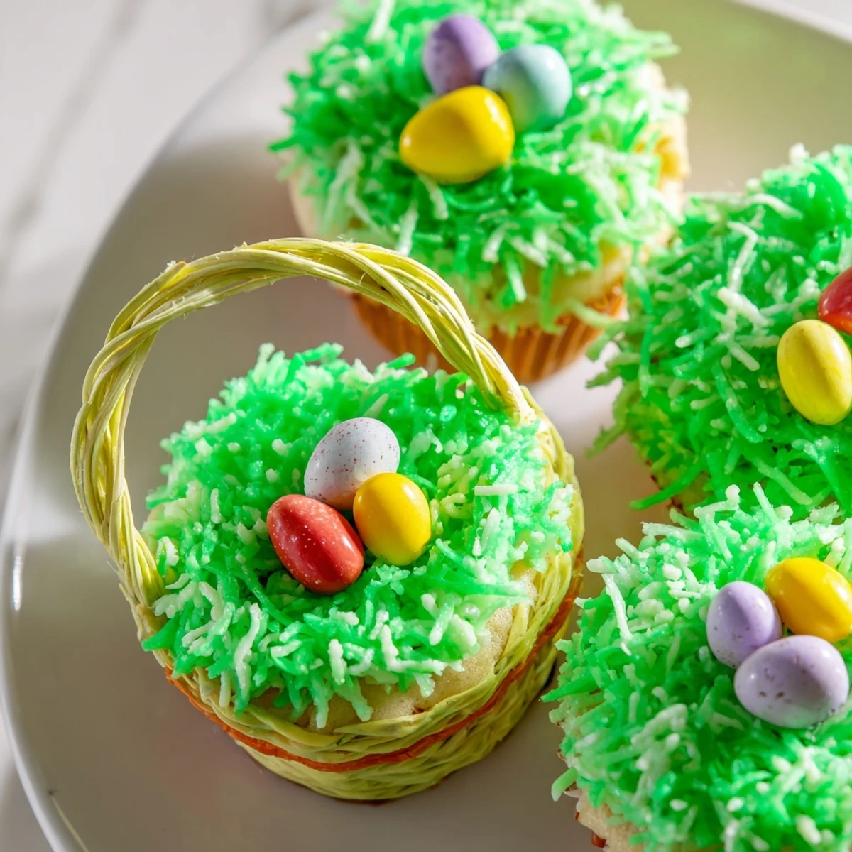 Brightly decorated Easter Basket Cupcakes arranged on a platter, ready to serve with candy handles and chocolate eggs.