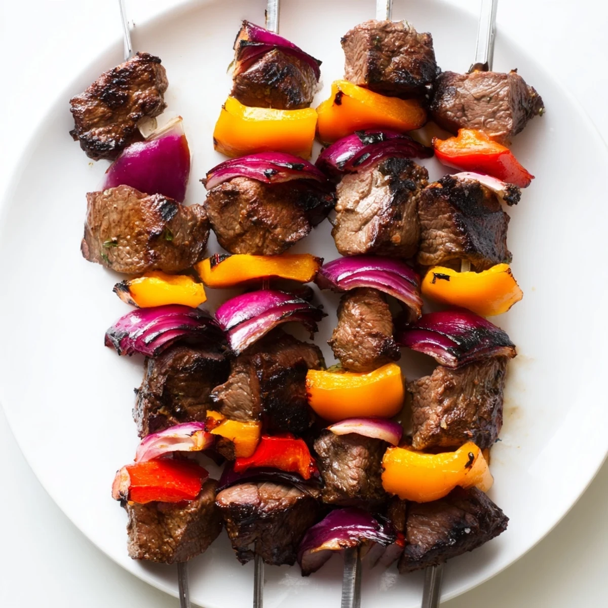 Juicy grilled Beef Kebabs with Bell Peppers and Onions on a platter with fresh lemon wedges.