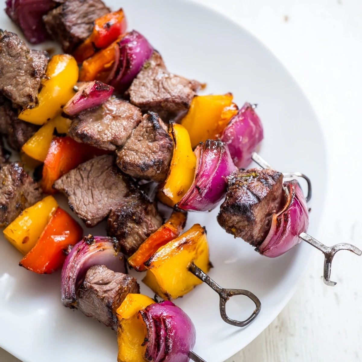 Sizzling Beef Kebabs with Bell Peppers and Onions on a grill, with charred edges and herbs.
