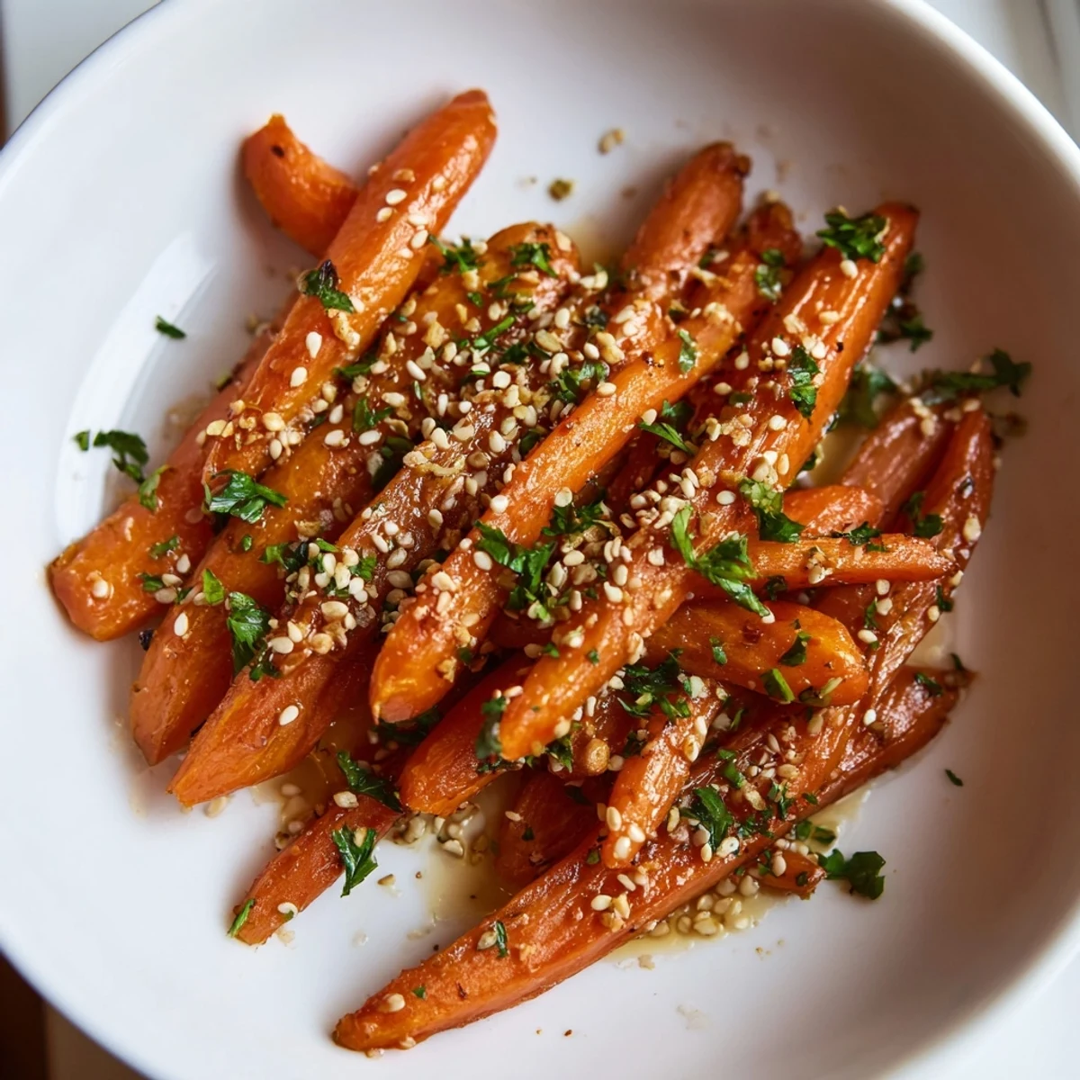 Roasted Carrots with Maple and Cumin glisten with a golden glaze on a rustic platter, garnished with fresh parsley and sesame seeds.  