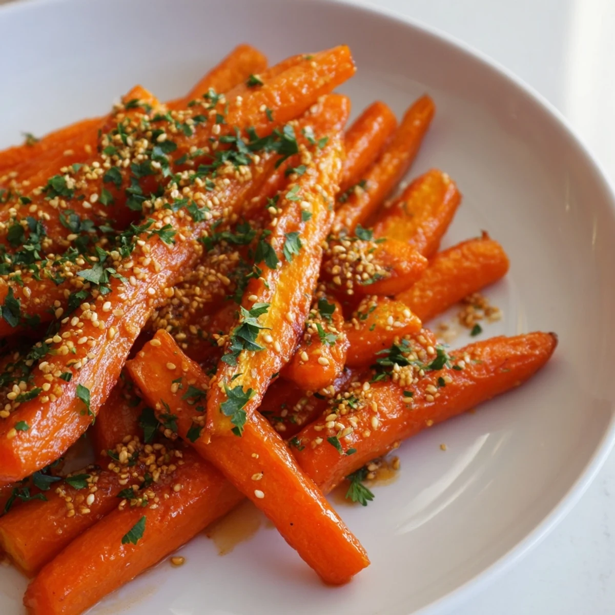 Freshly roasted carrots with maple and cumin, served warm alongside a grain bowl, showcasing vibrant color and rich glaze.
