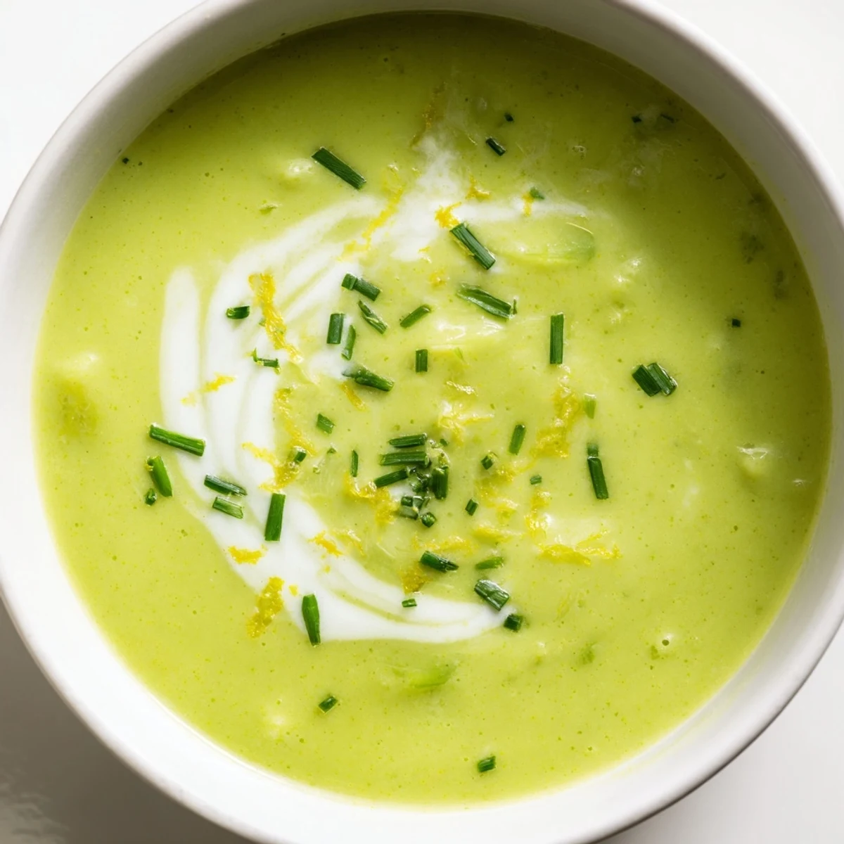 A bowl of creamy asparagus soup with lemon, garnished with fresh chives, served alongside crusty artisan bread.