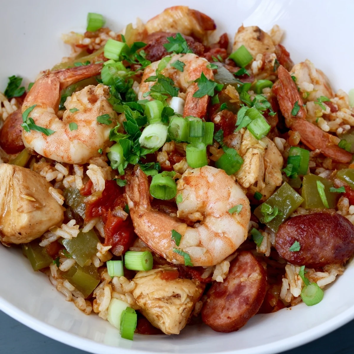 A steaming pot of Mardi Gras Jambalaya with Chicken and Shrimp, garnished with fresh green onions and parsley.