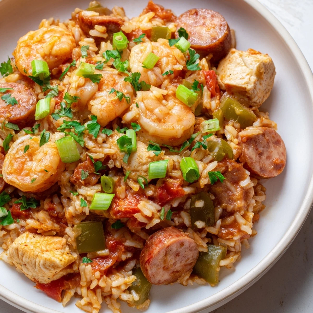Colorful Creole-style Mardi Gras Jambalaya in a Dutch oven, ready to serve with a slice of cornbread.