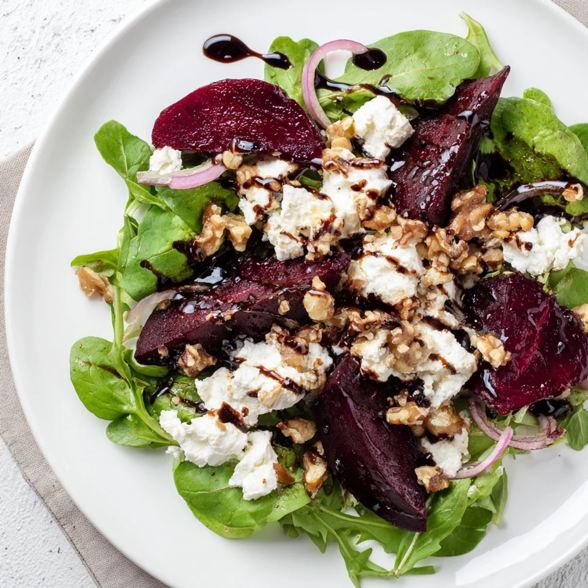 Warm roasted beets, tangy goat cheese, and crunchy walnuts tossed with peppery arugula in a honey balsamic vinaigrette.