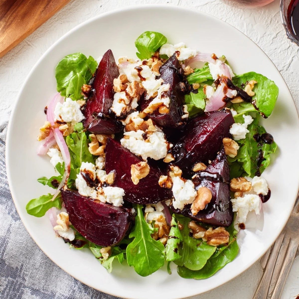 Fresh salad with jewel-toned beets, crumbled goat cheese, and walnuts over greens, served as a colorful vegetarian side.
