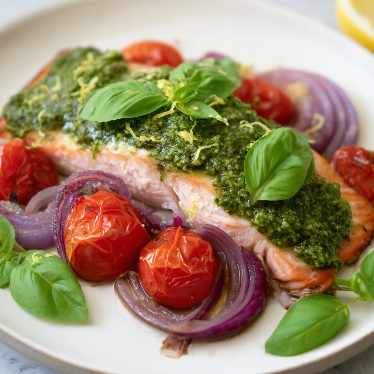 Tender salmon fillets topped with bright green pesto and blistered cherry tomatoes, served with lemon wedges.