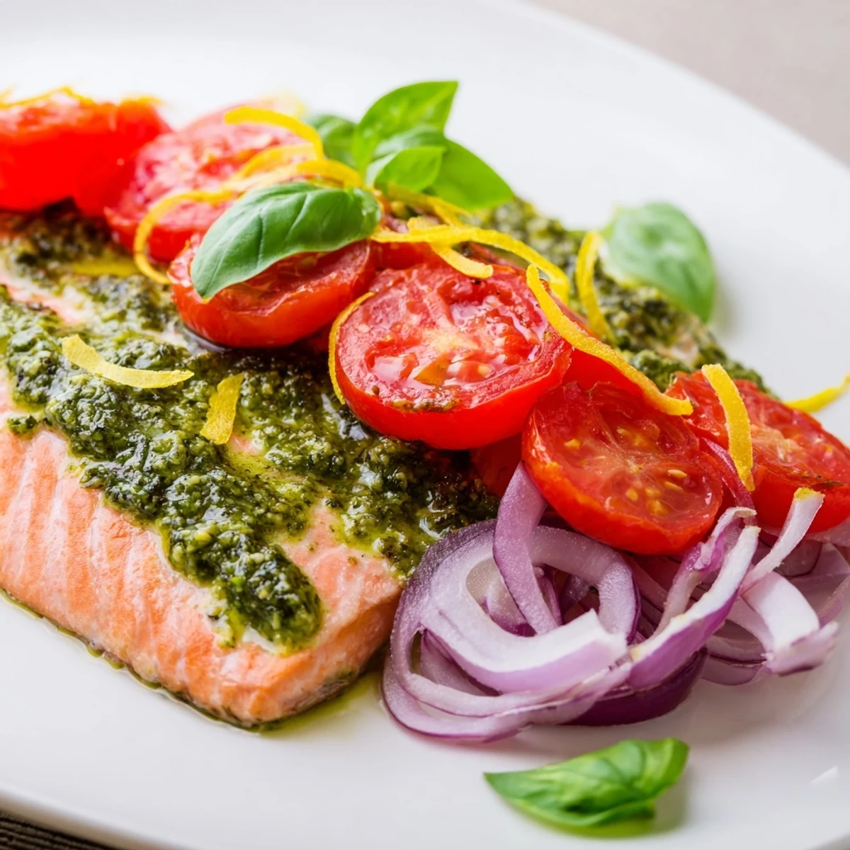 Baked Salmon with Pesto and Cherry Tomatoes on a baking sheet, glistening with olive oil and fresh basil.