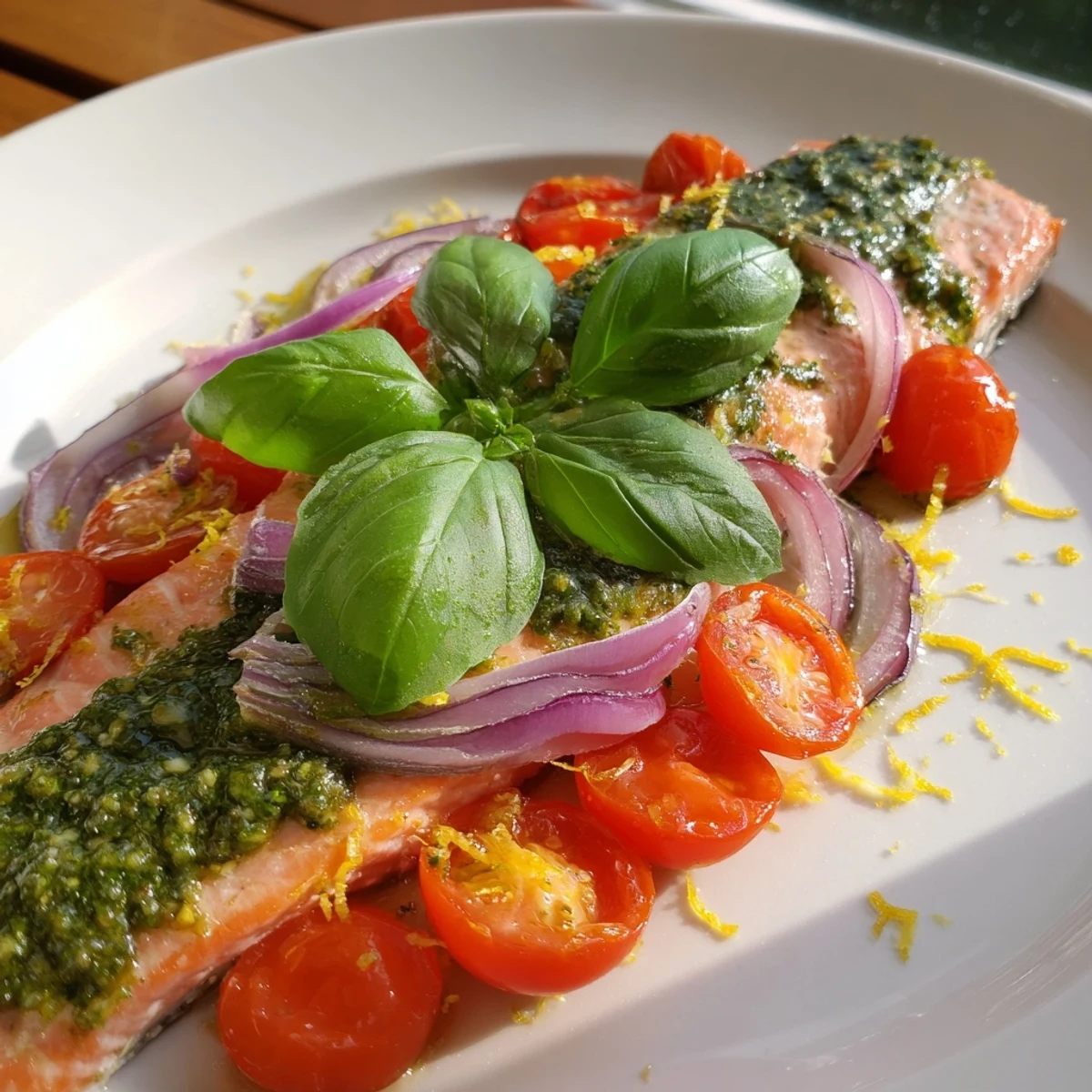 Golden baked salmon with a vibrant pesto crust, surrounded by juicy roasted cherry tomatoes and a hint of lemon.