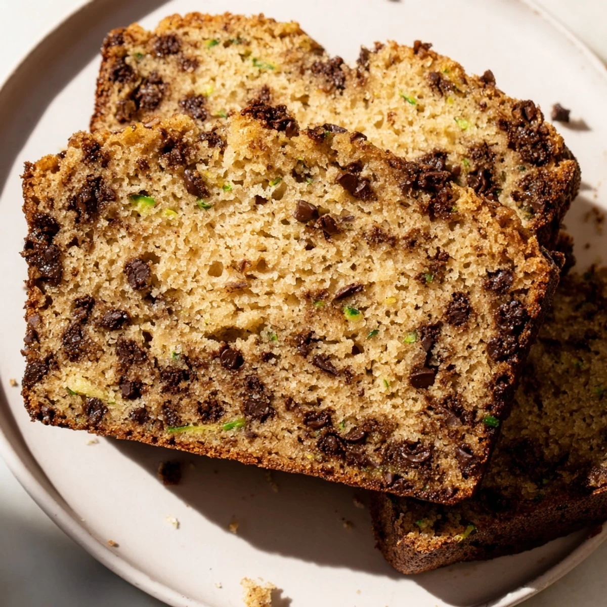 A close-up of Chocolate Chip Zucchini Bread with melted chocolate chips and visible green zucchini shreds on a wooden board.