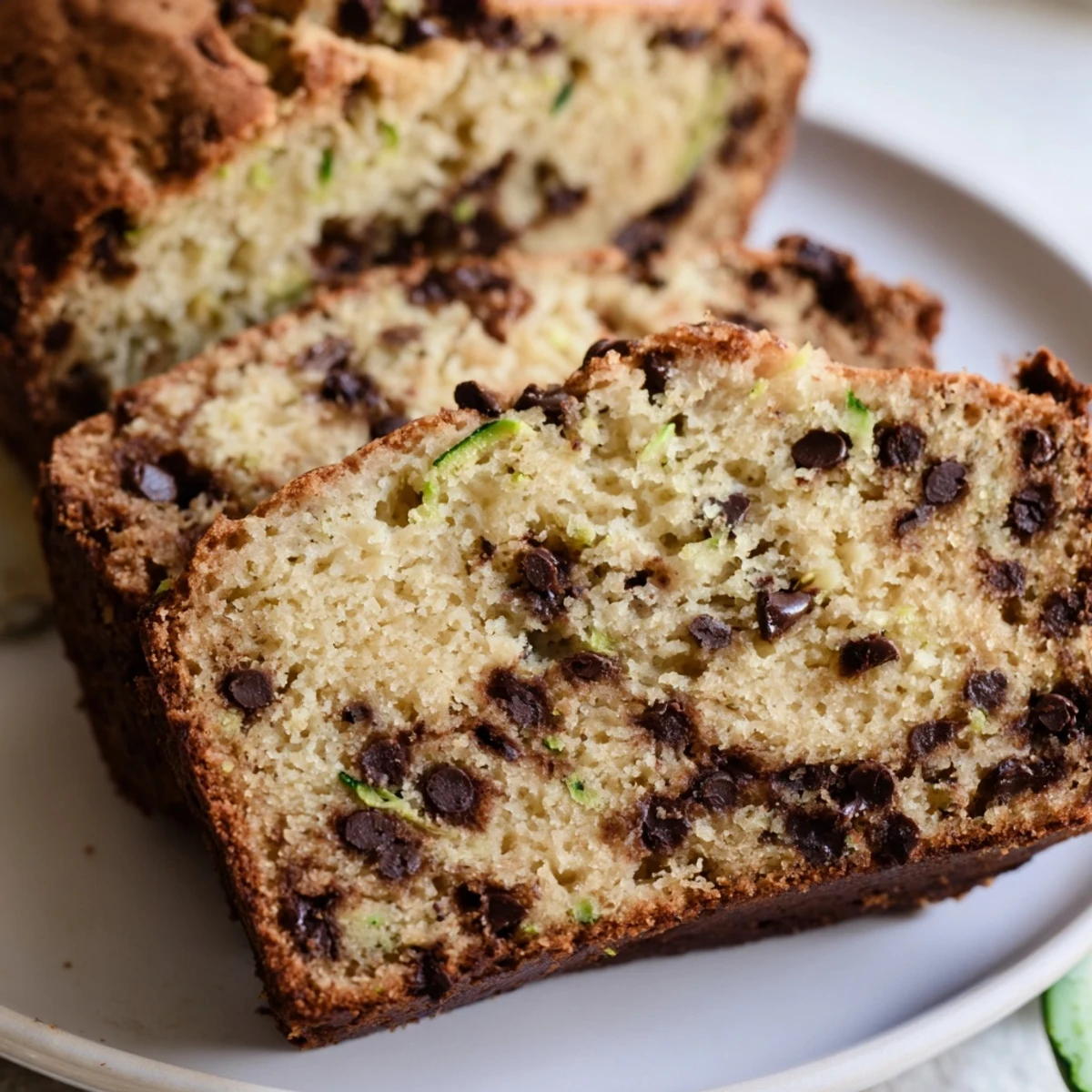 This moist Chocolate Chip Zucchini Bread is sliced to show its tender crumb and rich chocolate pockets, perfect for breakfast.